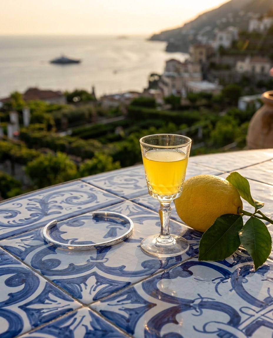 The Amalfi Bracelet auf einem Majolikatisch mit Limoncello bei Sonnenuntergang