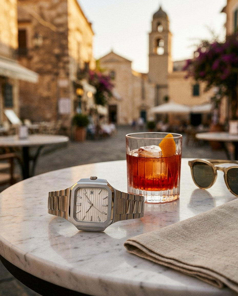 The Capri su un tavolo di marmo in Piazzetta con un negroni