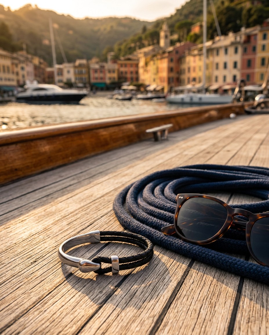 The Nautilus Bracelet sobre una cubierta de teca con un cabo azul, puerto de Portofino