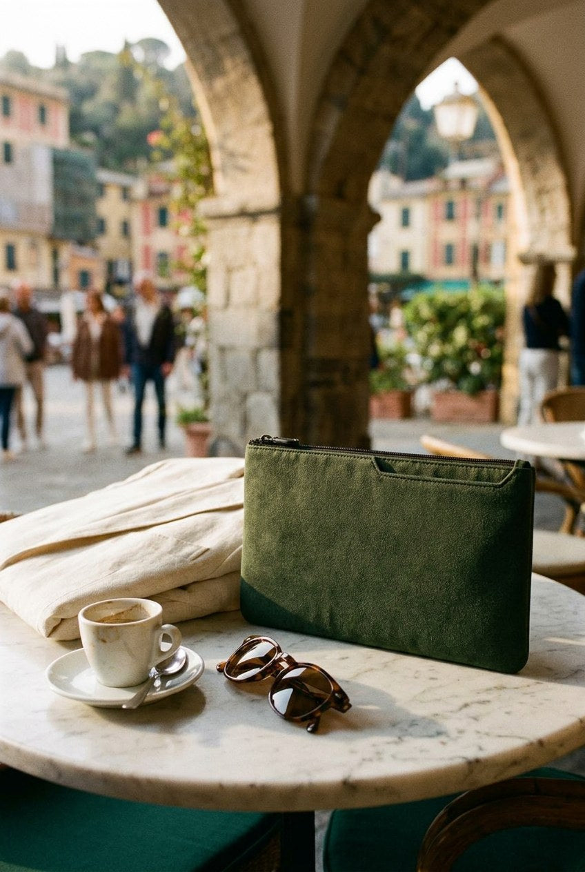 Neceser The Forte sobre una mesa de mármol en Portofino
