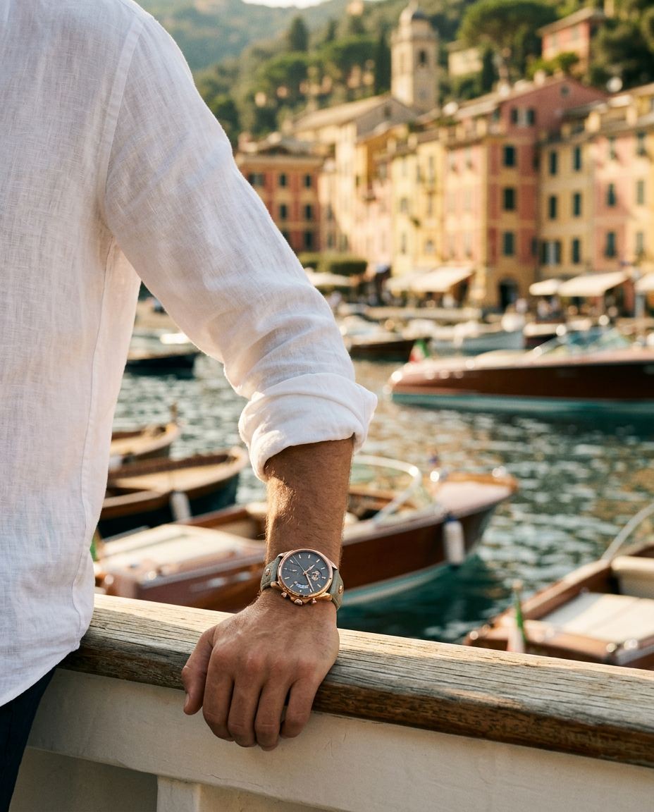 Mann im Leinenhemd mit The Portofino Explorer im Hafen von Portofino