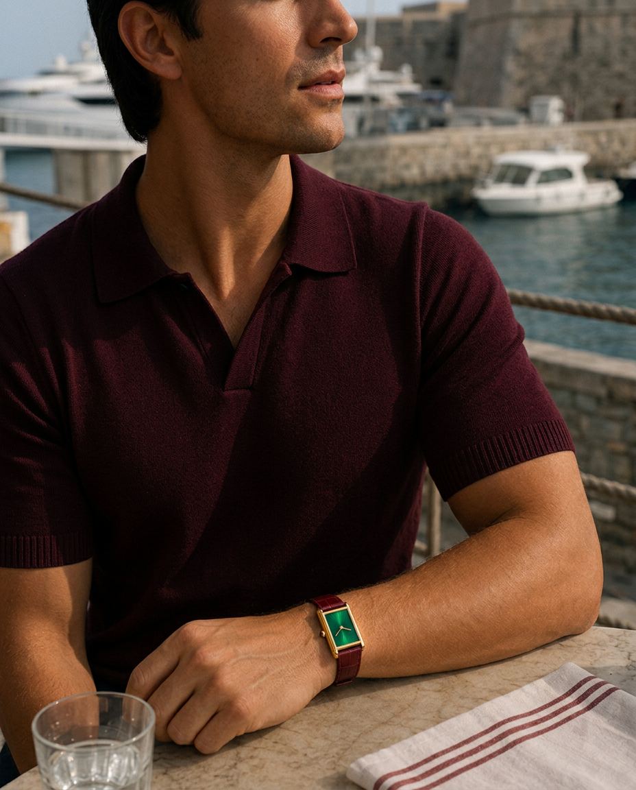 Man in burgundy polo wearing The Riviera Watch green dial at the harbour