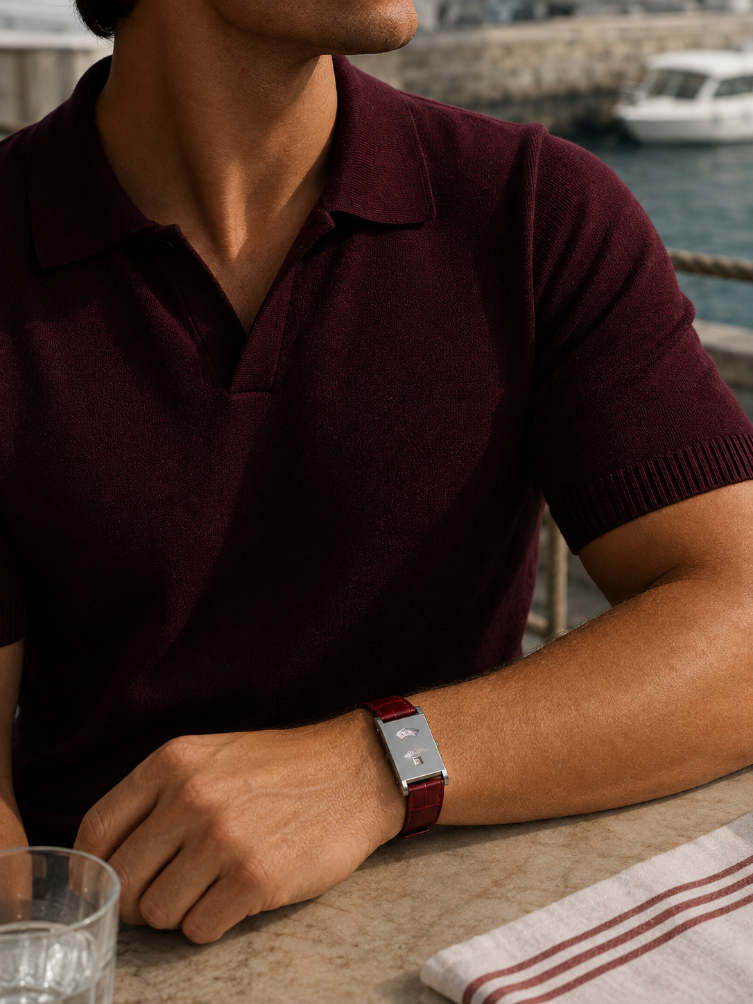 Uomo con polo bordeaux e orologio The Dolcevita al polso, porto mediterraneo