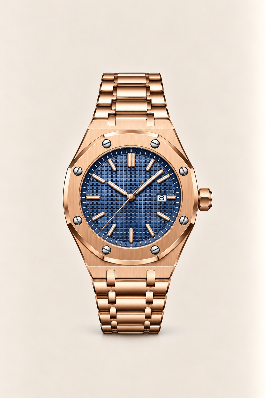Die Monaco Uhr in Roségold/Marineblau