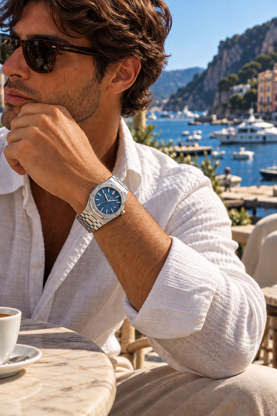 Die Monaco Uhr in Silber/Marineblau