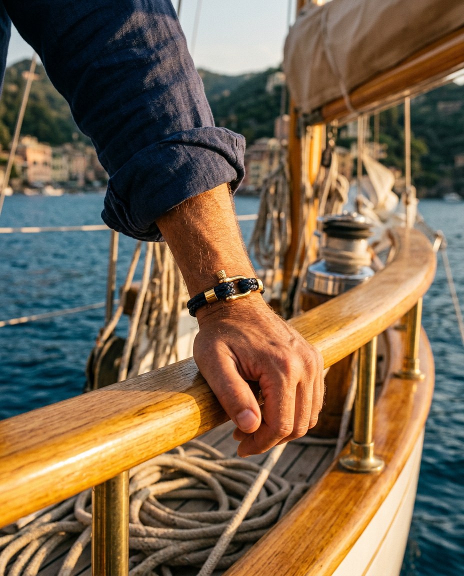 Wrist wearing The Anchor Bracelet on the rail of a sailing boat