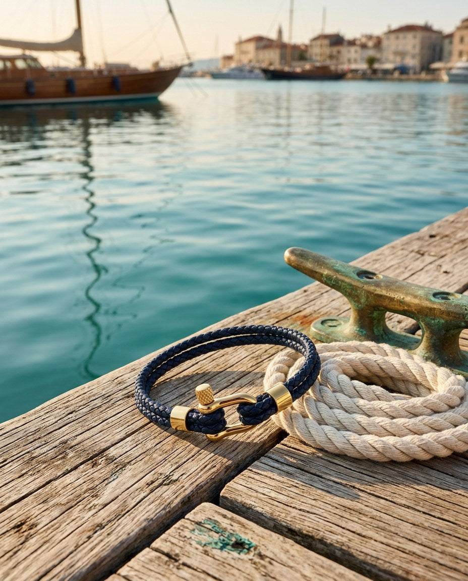 The Anchor Bracelet on a wooden dock beside a mooring rope