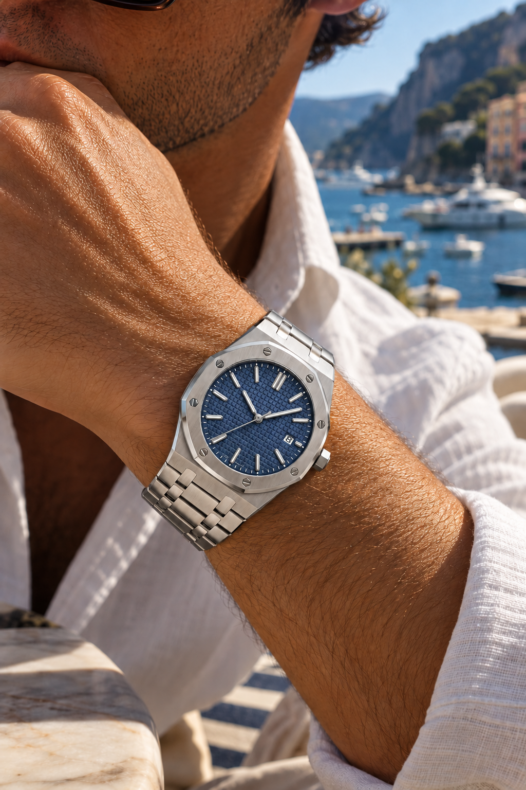 Die Monaco Uhr in Silber/Marineblau