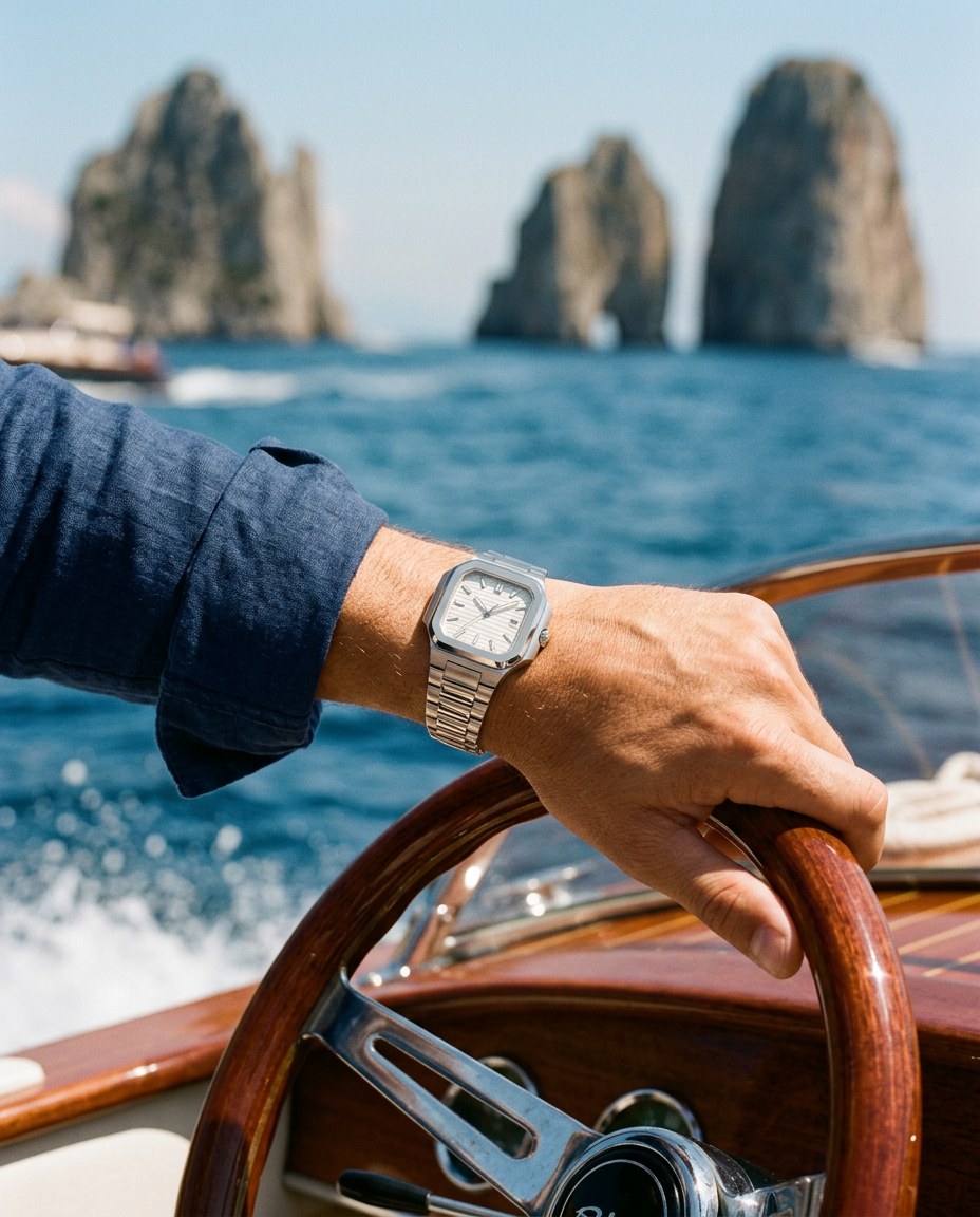 Polso con The Capri al timone di un motoscafo davanti ai Faraglioni