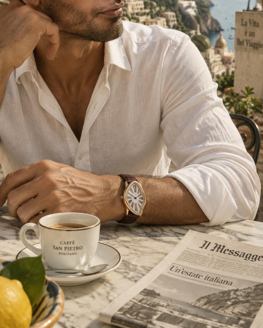 Hombre con camisa de lino blanca y The Mirage Watch junto a un espresso