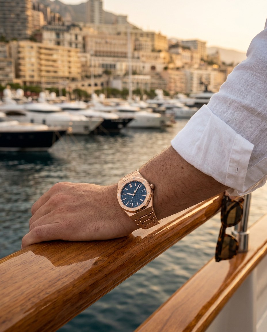 Handgelenk mit The Monaco an der Reling einer Yacht im Hafen von Monte Carlo