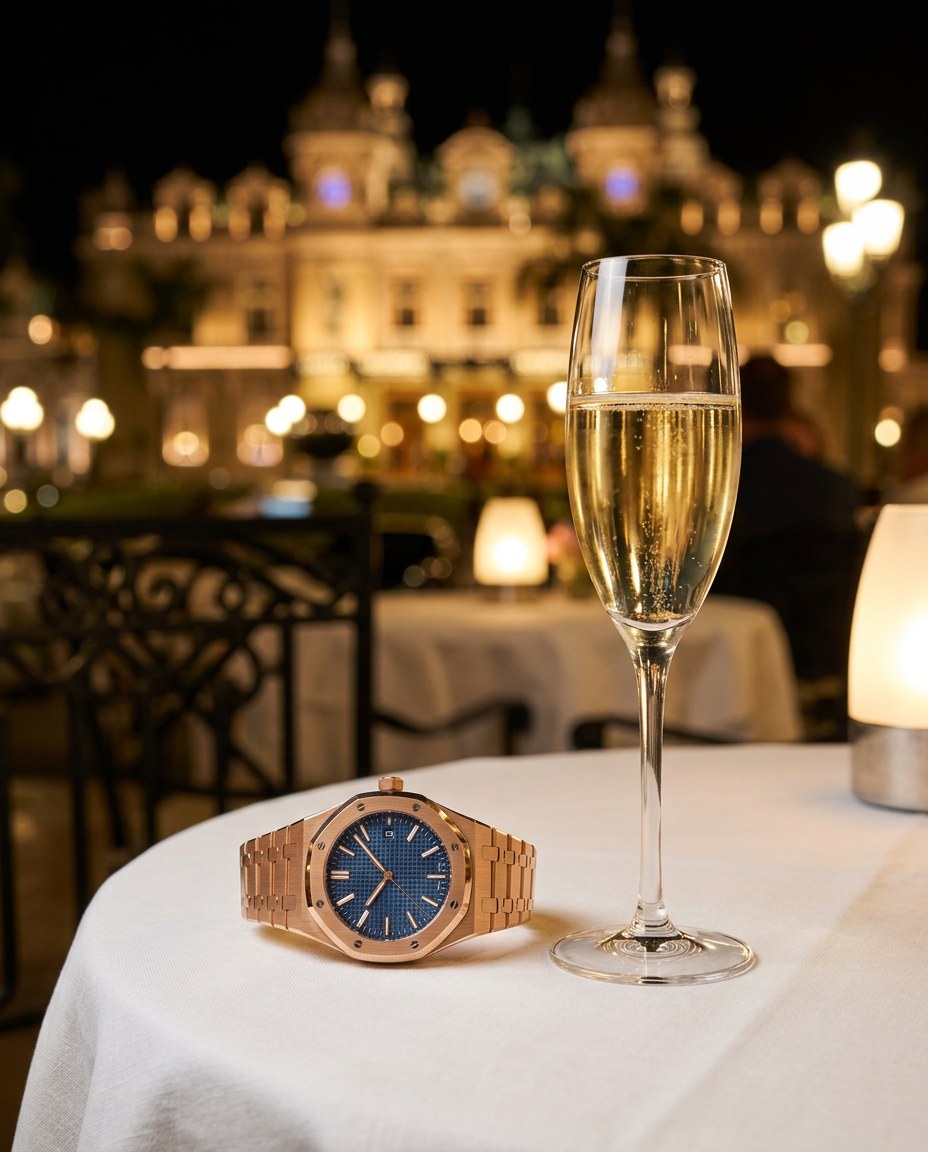 The Monaco auf einem Esstisch am Casino von Monte Carlo mit einem Glas Champagner