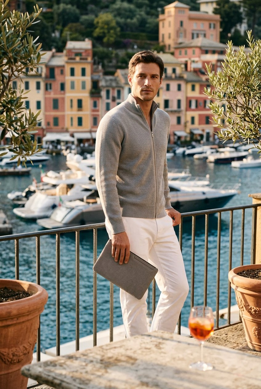 Neceser The Forte sobre una mesa de mármol en Portofino