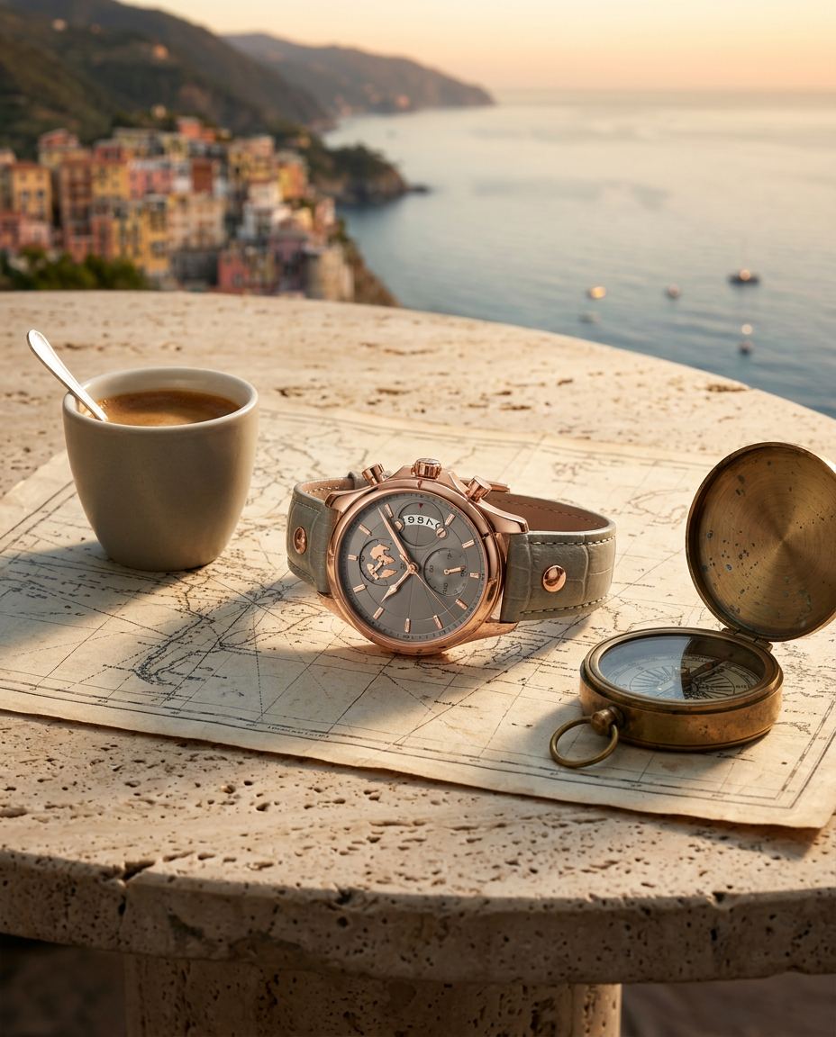 The Portofino Explorer auf einer Seekarte mit Kompass und Espresso bei Sonnenuntergang