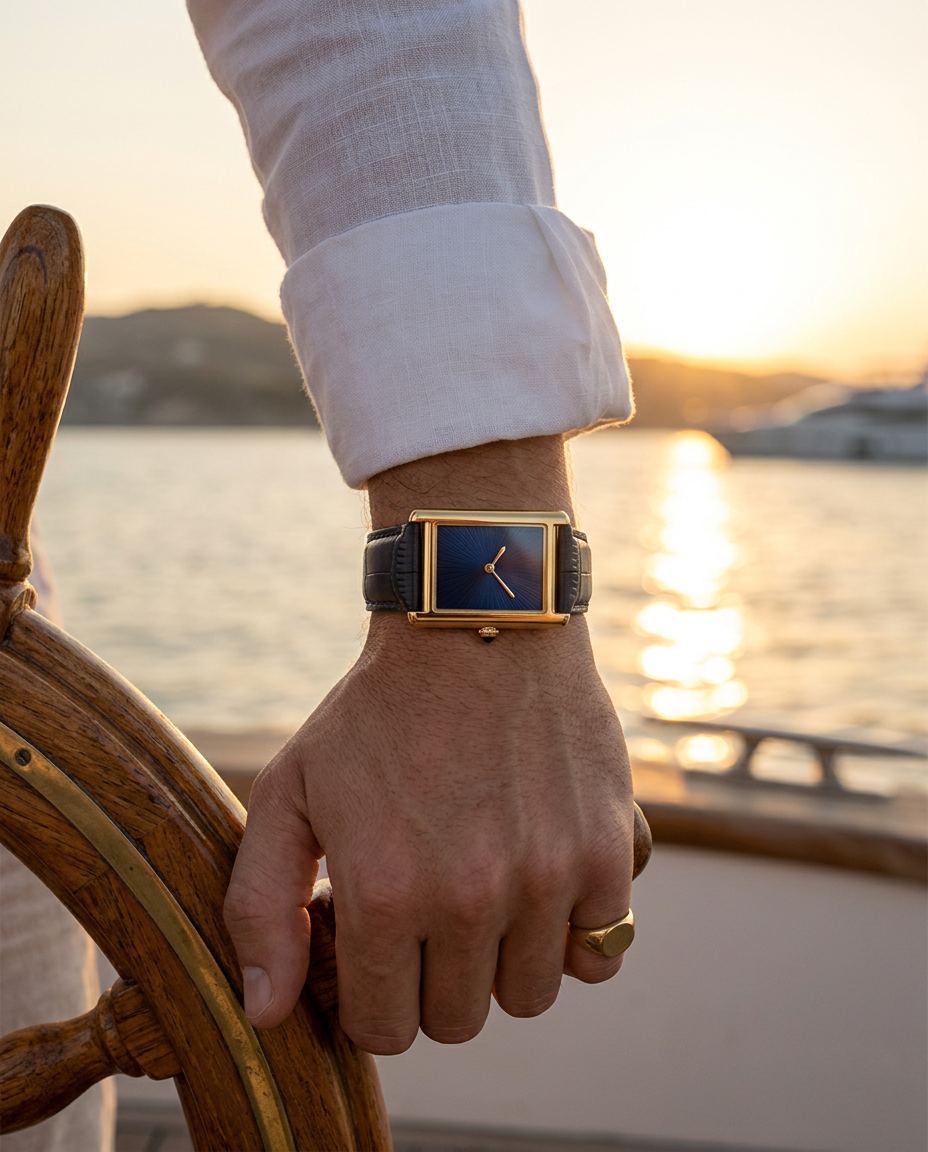Blue dial Riviera Watch on the wrist at a boat helm at sunset