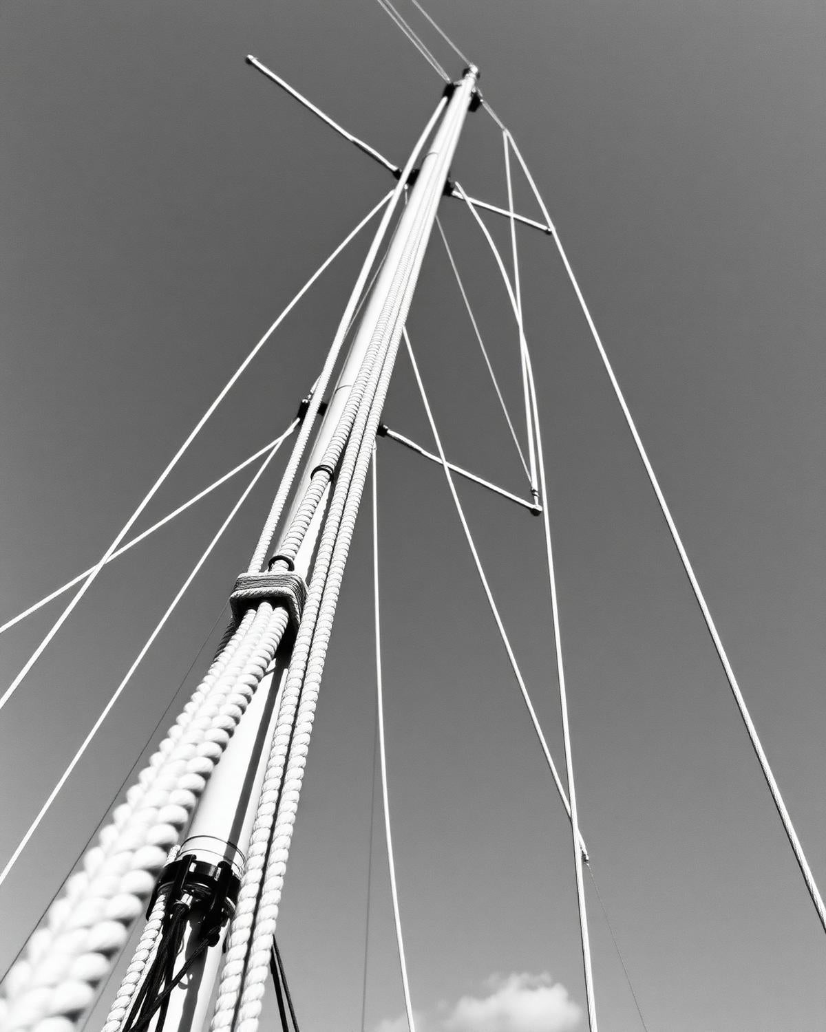 Schwarz-Weiß-Foto des Masts eines Segelboots